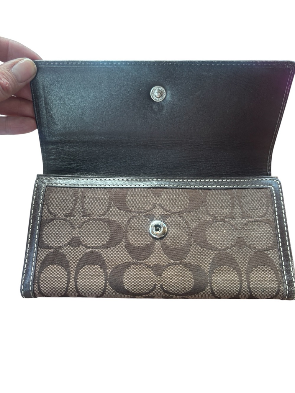 Coach Signature Brown Jacquard Canvas & Leather Snap Wallet - Picture 2 of 8